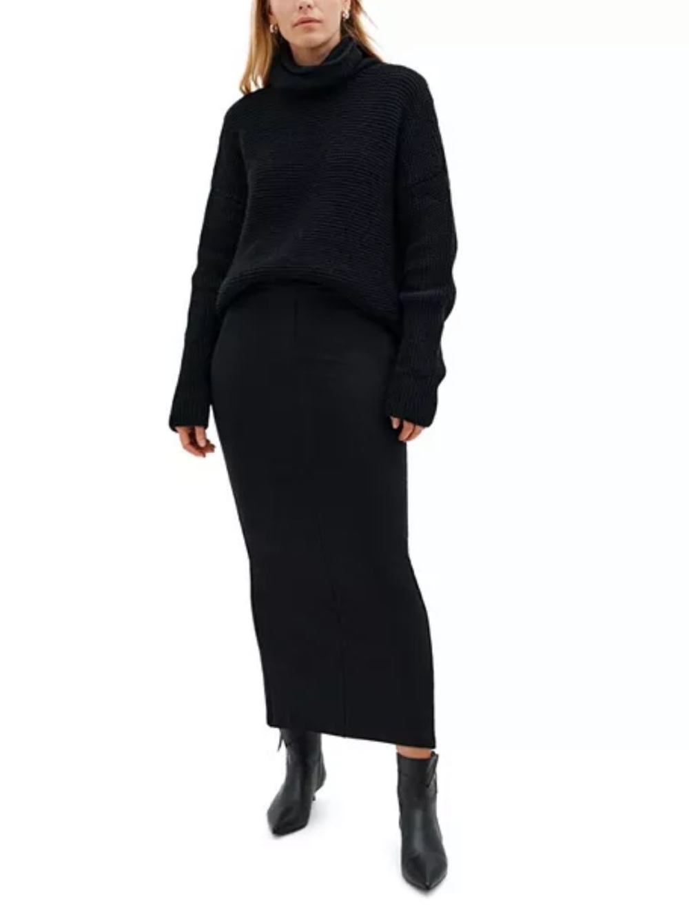Marcella Frida High-Waist Fold-Over Waistband pencil Midi Skirt Back Slit black